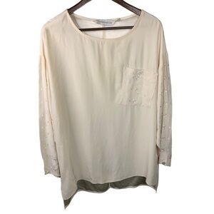 Ilyse Hart Oversized Cream Tunic Top Size Medium Long Sleeve Round Kneck